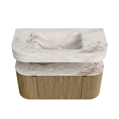 MONDIAZ THOR-DLUX 100cm meuble de salle de bains arrondi gauche + droite couleur Dusk avec 1 tiroir et 2 portes. Vasque suspendue CLOUD Milieu sans trou de robinet couleur Frappe. SW1467387