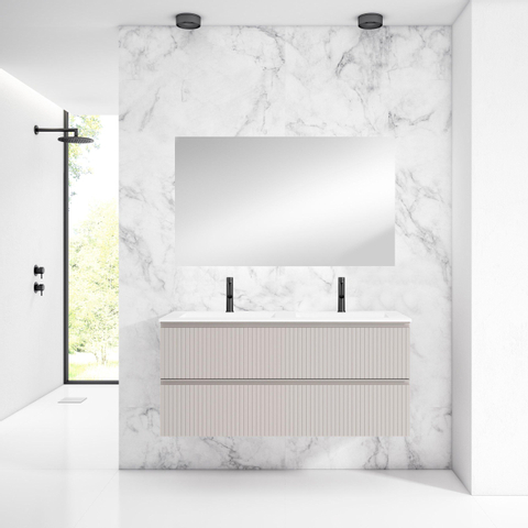 Saniclass Prime Blend Meuble de salle de bain - 120x55x46cm - 2 vasques ovales en céramique blanc - 2 trous de robinet - 2 tiroirs - miroir rectangulaire - mat cotton (beige) SW916947