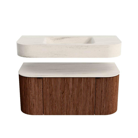 MONDIAZ THOR-DLUX 100cm meuble de salle de bains arrondi gauche + droite couleur Ruby avec 1 tiroir et 2 portes. Vasque suspendue CLOUD Milieu 1 trou de robinet couleur Meli. SW1467487