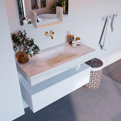 Mondiaz ALAN-DLUX Ensemble de meuble - 100cm - meuble Talc mat - 1 tiroir - Lavabo Cloud Opalo suspendu - vasque Centre - 0 trous de robinet SW806162