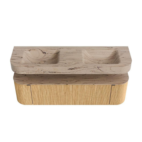MONDIAZ THOR-DLUX 160cm meuble de salle de bains arrondi gauche + droite couleur Oak avec 1 tiroir et 2 portes. Vasque suspendue CLOUD Double 2 trous de robinet couleur Arena. SW1465124