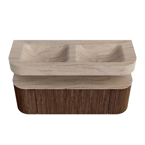 MONDIAZ THOR-DLUX 130cm badmeubel ronding links + rechts kleur Walnut met 1 lade en 2 deuren. Vrijhangende wastafel CLOUD Dubbel 2 kraangaten kleur Saba. SW1464029