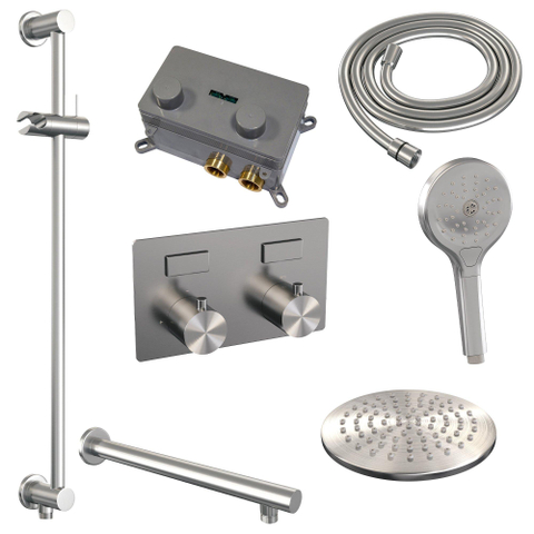 BRAUER Brushed Edition Thermostatische Regendouche inbouw - drukknoppen - SET 67 - 20cm hoofddouche - rechte muurarm - 3 standen handdouche - doucheslang - geïntegreerde glijstang - RVS geborsteld PVD SW925493