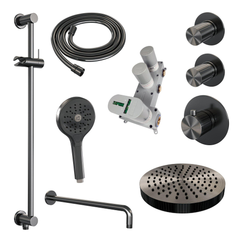 BRAUER Stripe Thermostatische Inbouw Regendouche - SET 11 - 25cm douchekop - gebogen muurarm - 3-standen handdouche - doucheslang - geïntegreerde glijstang - gunmetal geborsteld PVD SW1435001