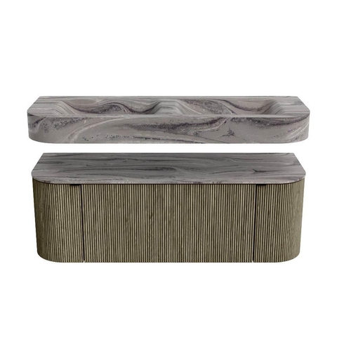 MONDIAZ THOR-DLUX Meuble de salle de bains - 130cm - arrondi gauche + droite - couleur Shadow - 1 tiroir - 2 portes - Vasque suspendue CLOUD Double sans trou de robinet - couleur Sombra SW1463887
