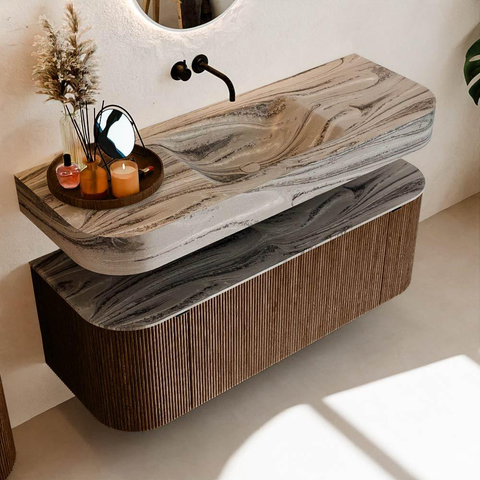 MONDIAZ THOR-DLUX 130cm badmeubel ronding links + rechts kleur Walnut met 1 lade en 2 deuren. Vrijhangende wastafel CLOUD Midden zonder kraangat kleur Sombra. SW1464058