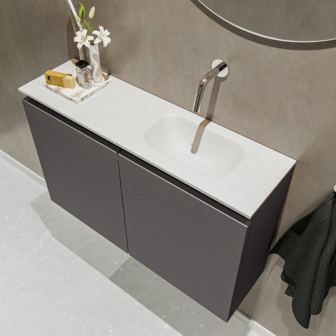 MONDIAZ TURE Fonteinset - 80x23x50cm - 0 kraangaten - 2 deuren - darkgrey mat - Wasbak rechts - Solid Surface Wit SW474956