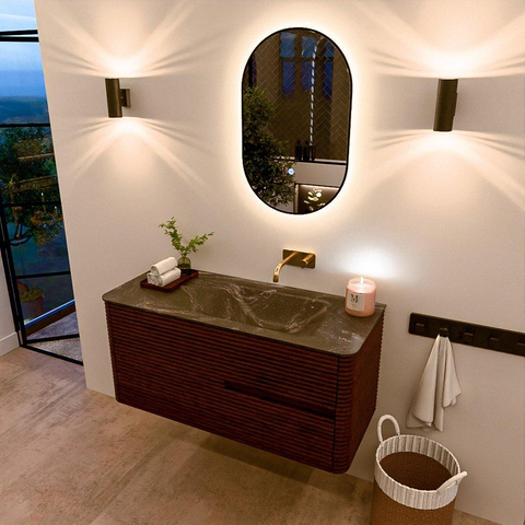 Mondiaz CIRO-DLUX Ensemble meuble de salle de bains - 110x45x50cm - Vasque solid surface Lava - 1 bassin à droite - sans trous de robinet - 2 tiroirs - Ruby SW1531581