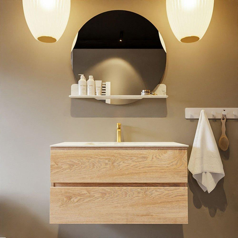 MONDIAZ VICA-DLUX Badkamermeubelset - 90cm - onderkast washed oak - 2 lades - inbouw wastafel cloud midden - 1 kraangat - 60cm hoge versie - opalo SW1088387