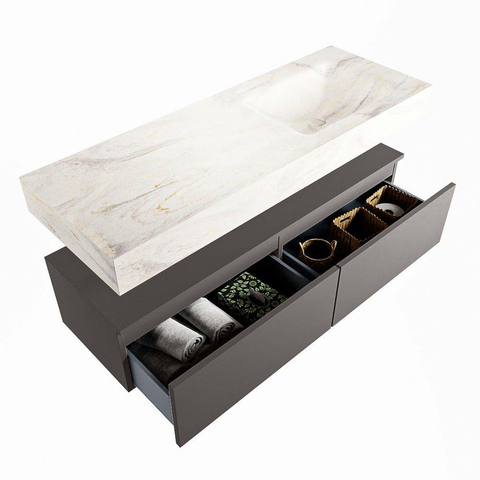 MONDIAZ ALAN - DLUX Ensemble meuble de salle de bains - 130cm - meuble bas - Dark grey - 2 tiroirs - lavabo suspendu - cuve à droite - 0 trous de robinet - Ostra SW807111