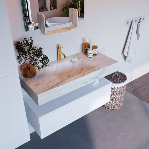 Mondiaz ALAN-DLUX Ensemble de meuble - 100cm - meuble Talc mat - 1 tiroir - Lavabo Cloud Frappe suspendu - vasque Centre - 1 trou de robinet SW804874