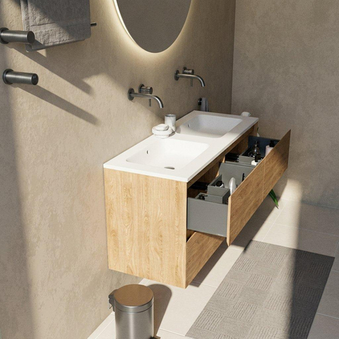 Saniclass Holz Pure Badkamermeubelset - 120x45x77.5cm - Torino solid surface wastafel wit - zonder kraangat - 4 lades - mat eiken natural (hout) SW1478672