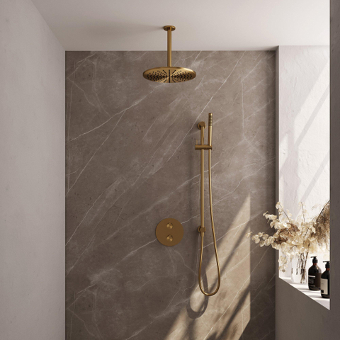 BRAUER Gold Edition thermostatische Inbouw Regendouche - 3-weg - rond - set 90 - 30cm hoofddouche - plafondarm - staaf handdouche - doucheslang - geïntegreerde glijstang - goud geborsteld PVD SW1159023