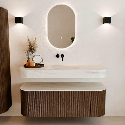 MONDIAZ THOR-DLUX Meuble de salle de bains 130cm arrondi gauche + droite couleur Walnut avec 1 tiroir et 2 portes. Vasque suspendue CLOUD Milieu sans trou de robinet couleur Meli. SW1463846