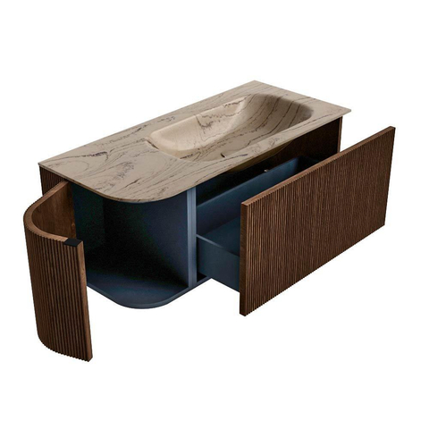 MONDIAZ KURVE-DLUX 105cm badmeubel ronding Links kleur Walnut met 1 lade en 1 deur. Wastafel BIG SMALL Rechts 1 kraangat Arena. SW1431179