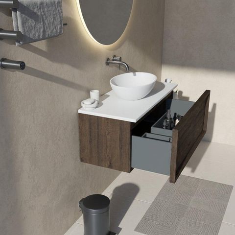 Saniclass Holz Frame Ensemble de meubles de salle de bains - 100x45x42.5cm - Plan Torino en Solid Surface blanc - sans trou de robinet - 1 tiroir - chêne charcoal mat (bois) SW1478707