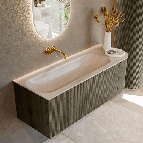 MONDIAZ KURVE-DLUX Meuble de salle de bains 125cm arrondi à droite couleur Shadow avec 1 tiroir et 1 porte. Plan-vasque BIG MEDIUM à gauche sans trou de robinet Meli. SW1431775