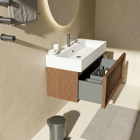 Saniclass Holz Frame Badkamermeubelset - 100x45x52cm - Legend keramische wastafel mat wit - 1 wasbak - 1 kraangat - 1 lade - mat walnut pure (hout) SW1579670
