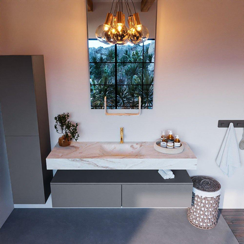 Mondiaz ALAN-DLUX Ensemble de meuble - 150cm - meuble Plata mat - 2 tiroirs - Lavabo Cloud Frappe suspendu - vasque Centre - 1 trou de robinet SW805144
