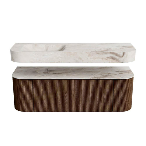 MONDIAZ THOR-DLUX 140cm meuble de salle de bains arrondi gauche + droite couleur Walnut avec 1 tiroir et 2 portes. Vasque suspendue CLOUD Gauche 1 trou de robinet couleur Frappe. SW1463956