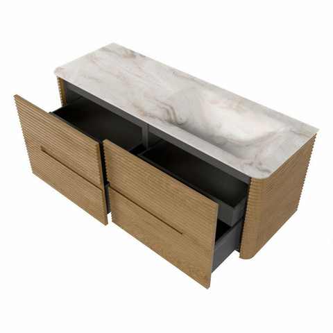 Mondiaz CIRO-DLUX Ensemble de meubles de salle de bains - 130x45x50cm - Plan vasque solid surface Frappe - 1 vasque à droite - sans trous de robinetterie - 4 tiroirs - Chêne SW1530873