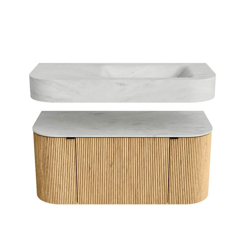MONDIAZ THOR-DLUX 100cm badmeubel ronding links + rechts kleur Oak met 1 lade en 2 deuren. Vrijhangende wastafel CLOUD Rechts zonder kraangat kleur Opalo. SW1467313