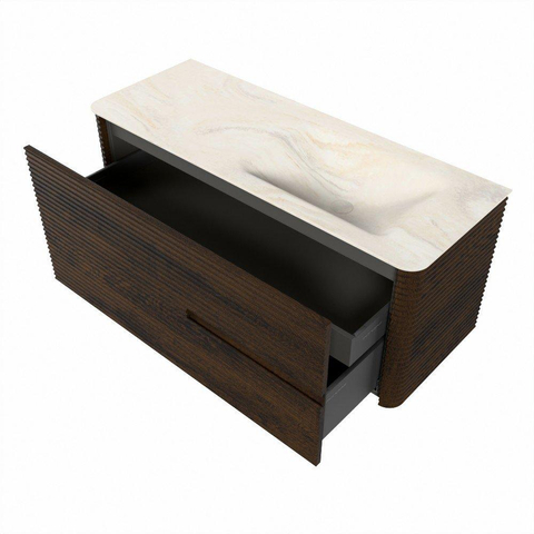 Mondiaz CIRO-DLUX Badkamermeubelset - 120x45x50cm - Solid surface wastafel Ostra - 1 wasbak Rechts - 1 kraangat - 2 lades - Walnut SW1530381