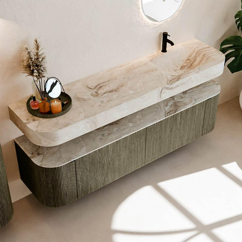 MONDIAZ THOR-DLUX 180cm meuble de salle de bains arrondi gauche + droite couleur Shadow avec 2 tiroirs et 2 portes. Vasque suspendue CLOUD Droite 1 trou de robinet couleur Frappe. SW1466060