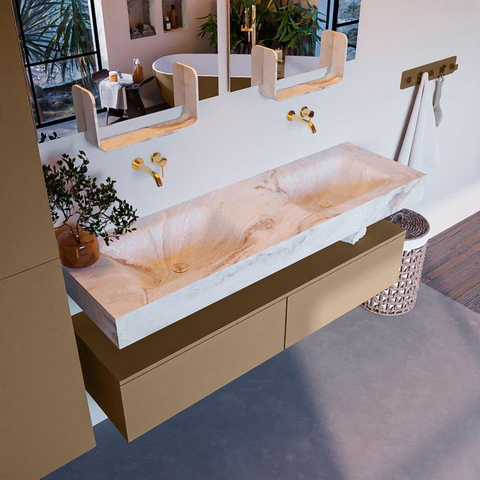 Mondiaz ALAN-DLUX Ensemble de meuble - 150cm - meuble Oro mat - 2 tiroirs - Lavabo Cloud Frappe suspendu - vasque Gauche et droite - 0 trous de robinet SW804972