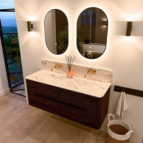 Mondiaz CIRO-DLUX Badkamermeubelset - 130x45x50cm - Solid surface wastafel Nata - 2 wasbak Dubbel - zonder kraangaten - 4 lades - Walnut SW1530575