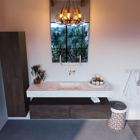 Mondiaz ALAN-DLUX Ensemble de meuble de salle de bain - 100x46cm - 2 tiroirs - vasque suspendue - sans trous de robinetterie - 2 au centre - Dark Brown (chêne foncé) SW1216128