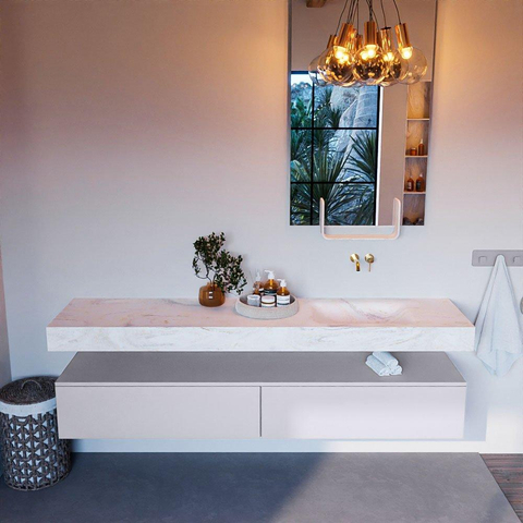 Mondiaz ALAN-DLUX Ensemble de meuble - 200cm - meuble Cale mat - 2 tiroirs - Lavabo Cloud Ostra suspendu - vasque droite - 0 trous de robinet SW807399