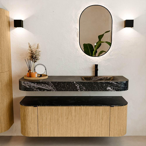 MONDIAZ THOR-DLUX 140cm badmeubel ronding links + rechts kleur Oak met 1 lade en 2 deuren. Vrijhangende wastafel CLOUD Rechts 1 kraangat kleur Lava. SW1463939