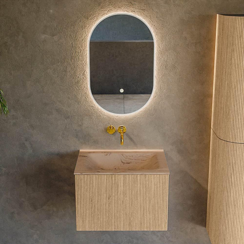 MONDIAZ KURVE-DLUX 60cm badmeubel kleur Oak met 1 lade en 0 deuren. Wastafel CLOUD Midden zonder kraangat Arena. SW1431078