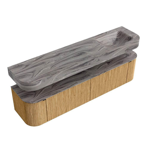 MONDIAZ THOR-DLUX 190cm meuble de salle de bains arrondi gauche + droite couleur Oak avec 2 tiroirs et 2 portes. Vasque suspendue CLOUD droite sans trou de robinet couleur Sombra. SW1466697
