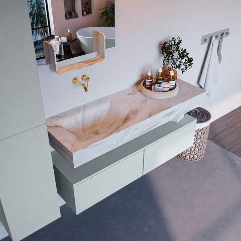 Mondiaz ALAN-DLUX Ensemble de meuble - 130cm - meuble Clay mat - 2 tiroirs - Lavabo Cloud Frappe suspendu - vasque Gauche - 0 trous de robinet SW805677