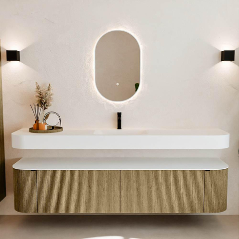 MONDIAZ THOR 200cm meuble de salle de bains arrondi gauche + droite couleur Dusk avec 2 tiroirs et 2 portes. Vasque suspendue CLOUD Milieu 1 trou de robinet couleur Talc. SW1466818