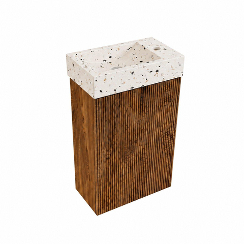 Saniclass Holz Atelier Toiletmeubelset - 40x60.5cm - 1 deur - fontein terrazo - kraangat rechts - walnut pure SW1577777