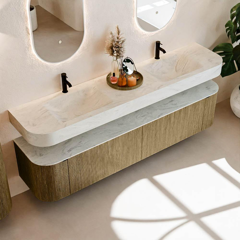 MONDIAZ THOR-DLUX 200cm meuble de salle de bains arrondi gauche + droite couleur Dusk avec 2 tiroirs et 2 portes. Vasque suspendue CLOUD Double 2 trous de robinet couleur Opalo. SW1466855