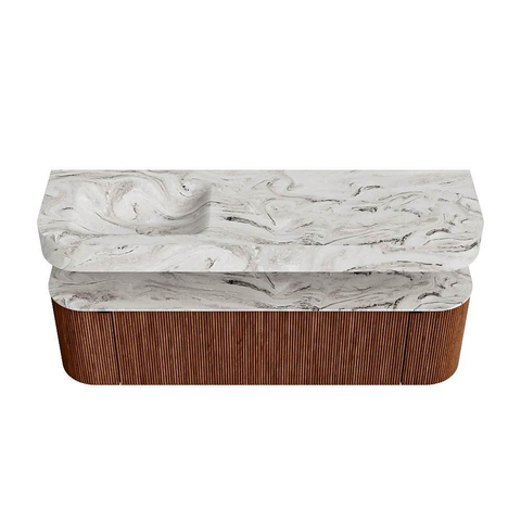 MONDIAZ THOR-DLUX 160cm meuble de salle de bains arrondi gauche + droite couleur Ruby avec 1 tiroir et 2 portes. Vasque suspendue CLOUD Gauche 1 trou de robinet couleur Glace. SW1465201