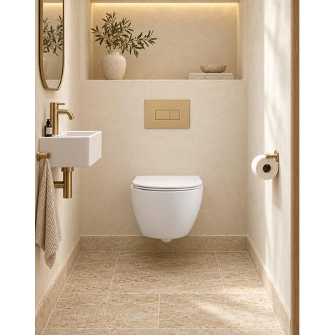 QeramiQ Dely Swirl Compact Toiletset - inbouwreservoir QeramiQ flush - slim zitting - kunststof bedieningsplaat beige - rechthoekige knoppen - mat wit SW1590791