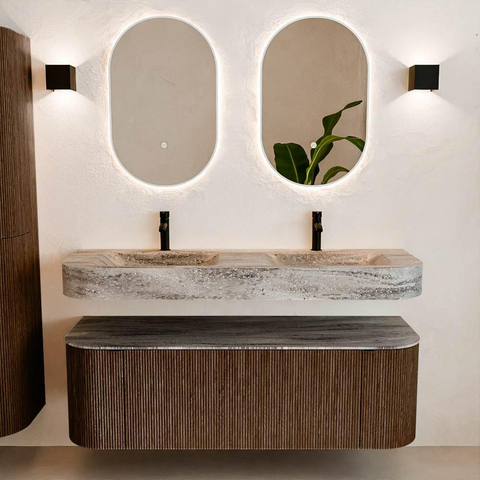 MONDIAZ THOR-DLUX 140cm badmeubel ronding links + rechts kleur Walnut met 1 lade en 2 deuren. Vrijhangende wastafel CLOUD Dubbel 2 kraangaten kleur Oza. SW1464306