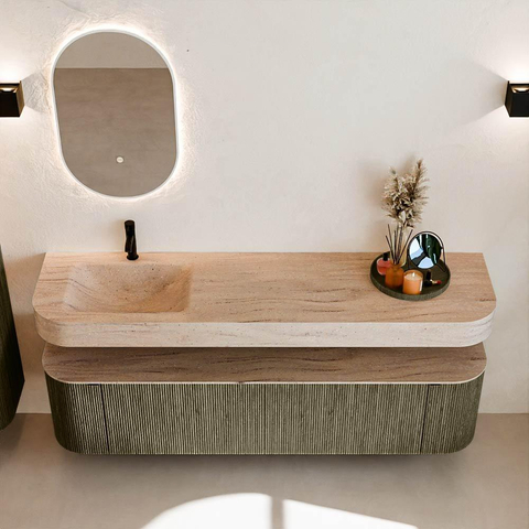 MONDIAZ THOR-DLUX 180cm meuble de salle de bains arrondi gauche + droite couleur Shadow avec 2 tiroirs et 2 portes. Vasque suspendue CLOUD gauche 1 trou de robinet couleur Saba. SW1466263