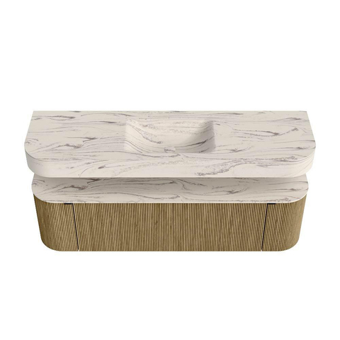 MONDIAZ THOR-DLUX 160cm meuble de salle de bains arrondi gauche + droite couleur Dusk avec 1 tiroir et 2 portes. Vasque suspendue CLOUD Milieu 1 trou de robinet couleur Nata. SW1465270