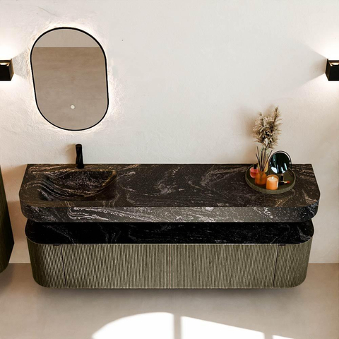 MONDIAZ THOR-DLUX 190cm meuble de salle de bains arrondi gauche + droite couleur Shadow avec 2 tiroirs et 2 portes. Vasque suspendue CLOUD Gauche 1 trou de robinet couleur Lava. SW1466628