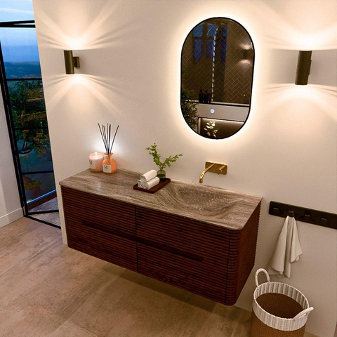 Mondiaz CIRO-DLUX Badkamermeubelset - 130x45x50cm - Solid surface wastafel Oza - 1 wasbak Rechts - zonder kraangaten - 4 lades - Ruby SW1532099