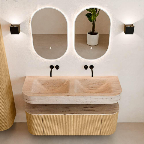 MONDIAZ THOR-DLUX Meuble de salle de bains - 130cm - arrondi gauche + droite - couleur Oak - 1 tiroir et 2 portes - Vasque suspendue CLOUD Double sans trou de robinet - couleur Saba SW1464042