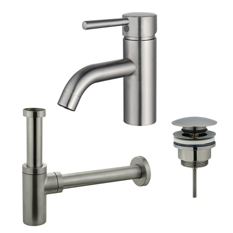 Fortifura Calvi Kit mitigeur lavabo - robinet bas - bonde clic clac - siphon design - PVD Inox brossé SW915270