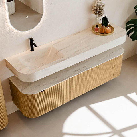 MONDIAZ THOR-DLUX 170cm meuble de salle de bains arrondi gauche + droite couleur Oak avec 1 tiroir et 2 portes. Vasque suspendue CLOUD gauche 1 trou de robinet couleur Meli. SW1465746