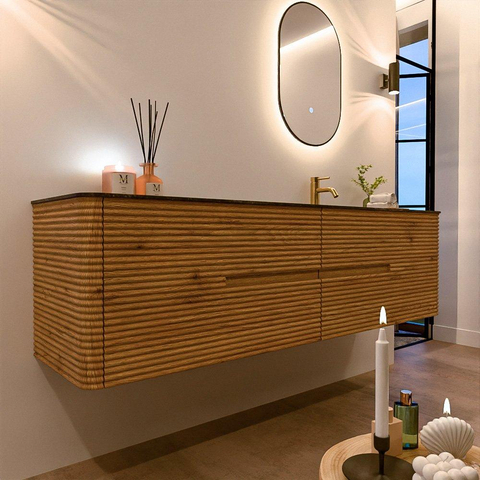 Mondiaz CIRO-DLUX Badkamermeubelset - 180x45x50cm - Solid surface wastafel Lava - 1 wasbak Rechts - 1 kraangat - 4 lades - Oak SW1530977